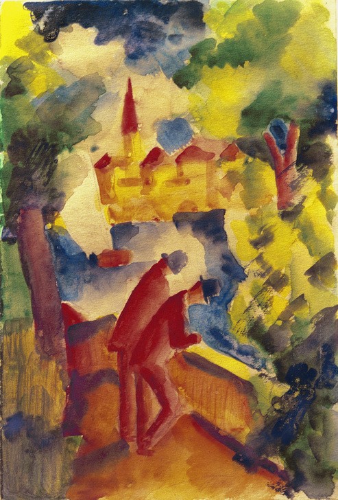 August Macke, Männer auf der Straße am See (Deutsche Kunst,Landschaft,Freizeit,Spaziergang,Uferpromenade,See,Expressionismus,Reise,Der Blaue Reiter,Ufer)