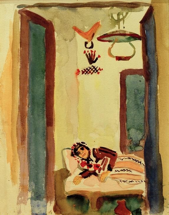 August Macke, Frau auf Ruhebett (Deutsche Kunst,Frau,Kunst,Völkerkunde,Orientalismus,Expressionismus,Der Blaue Reiter,Interieur,Exotik,Liegen,Land Und Leute,Die Tunisreise)