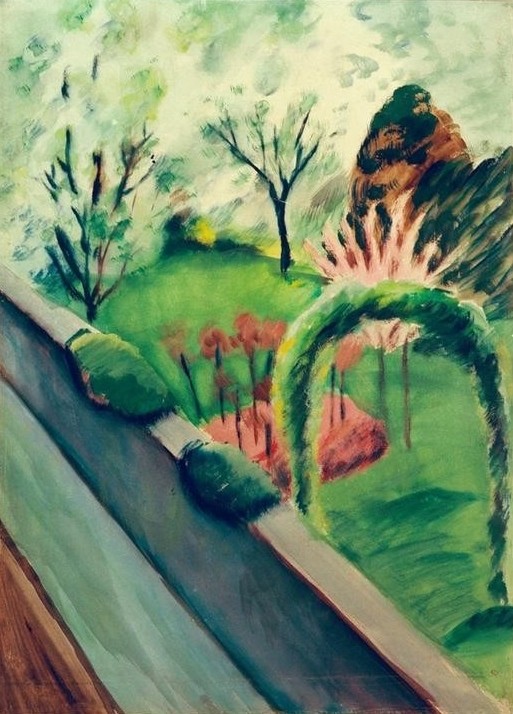August Macke, Der Garten Mackes in Bonn (Deutsche Kunst,Landschaft,Expressionismus,Hausgarten,Der Blaue Reiter,Ziergarten,Garten)