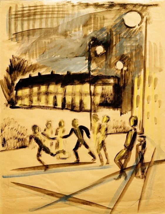 August Macke, Spielende Kinder am Abend (Deutsche Kunst,Kinderspiel,Kind,Mensch,Spielplatz,Expressionismus,Der Blaue Reiter)