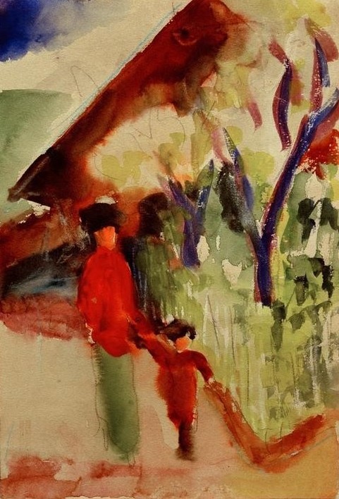 August Macke, Am Schweizerhaus (Deutsche Kunst,Familie,Mensch,Mutter Und Kind,Spaziergang,Expressionismus,Der Blaue Reiter,Fussgänger)