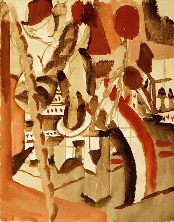 August Macke, Mädchen vor einer Stadt (Deutsche Kunst,Kind,Mädchen,Mensch,Expressionismus,Der Blaue Reiter,Stadtansicht,Architekturdarstellung,Beflaggung,Fahne)