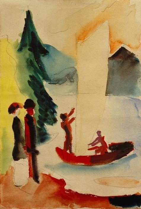 August Macke, Gelbes Segel (Deutsche Kunst,Landschaft,Freizeit,Segeln,Spaziergang,Sport,Segelboot,See,Expressionismus,Der Blaue Reiter,Ufer)