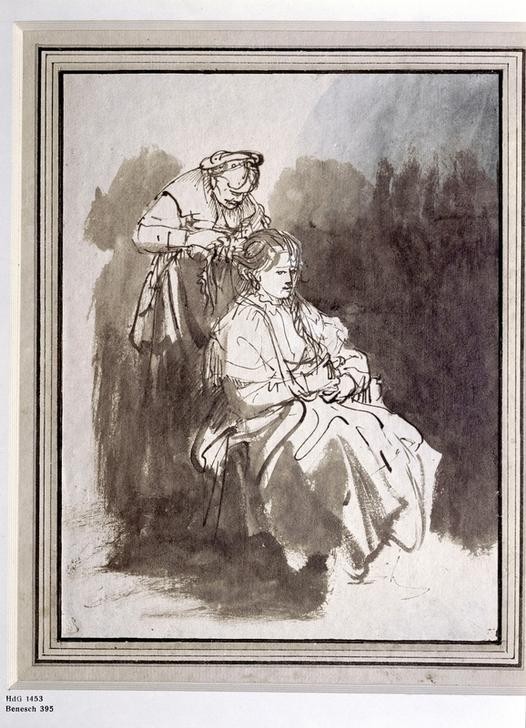 Rembrandt Harmenszoon van Rijn, Junge Frau bei der Toilette (Körperpflege,Dienstboten,Frau,Haarpflege,Kosmetik,Morgentoilette,Toilette (Körperpflege),Barock,Portrait,Niederländische Kunst,Jugend Und Alter,Diener,Junge Frau,Frisieren,Friseuse,Haareflechten,Alltag)