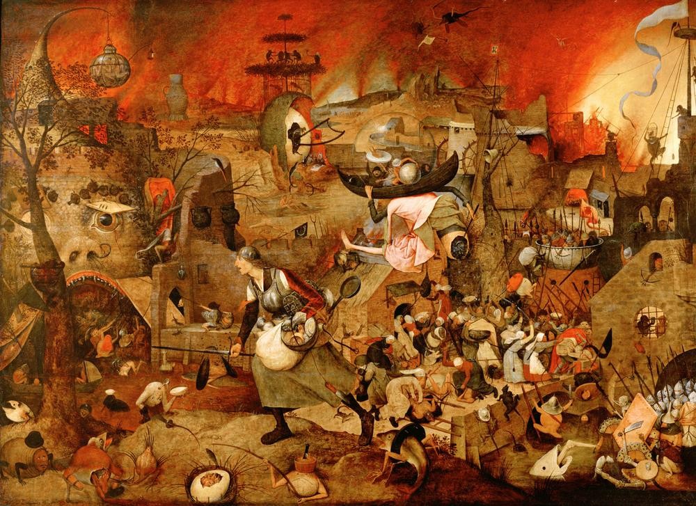 Pieter Brueghel der Ältere, Dulle Griet (Emanzipation,Feuer,Frau,Hexe,Krieg,Magie,Esoterik,Aberglaube,Tod,Zerstörung,Renaissance,Allegorie,Dämon,Paranoia,Plünderung,Hölle,Phantastische Kunst,Apokalypse,Niederländische Kunst,Verkehrte Welt,Kleidung (Allgemein),Tier,Vier Elemente)