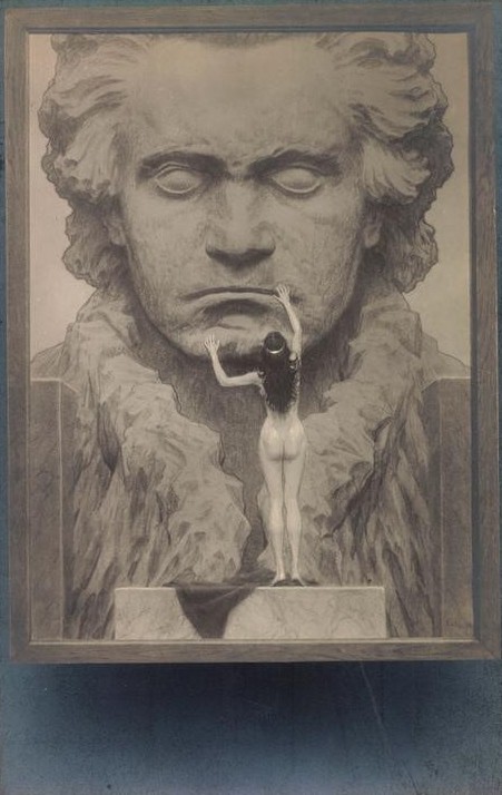 Höppener alias Fidus, Rückansicht eines Aktes vor einem Porträt Beethovens (Historisch,Deutsche Kunst,Jugendstil,Kunst,Postkarte,Lebensreform)