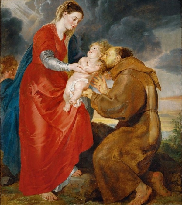 Peter Paul Rubens, Die Jungfrau erscheint dem heiligen Franziskus (Christentum,Flämische Kunst,Heilige,Sage,Religion,Barock,Maria Mit Kind,Vision,Legende,Jungfrau,Fabel,Niederländische Kunst,Mystik,Marienerscheinung)