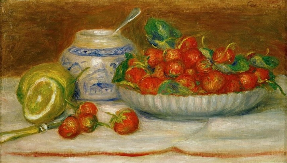 Pierre-Auguste Renoir, Fraises (Erdbeere,Früchte,Kunst,Milch,Obst,Impressionismus,Nahrungsmittel,Stillleben,Französische Kunst,Obstschale,Zitrone,Topf,Getränk)