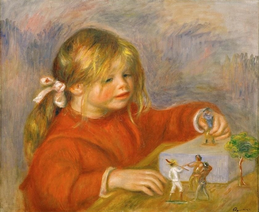 Pierre-Auguste Renoir, Claude Renoir jouant (Kinderspiel,Kind,Mensch,Spiel,Spielzeug,Zinnsoldat,Kolonialismus,Impressionismus,Portrait,Französische Kunst,Knabe,Kinderleben,Zinnfiguren,Knabe In Mädchenkleid,Frisur)