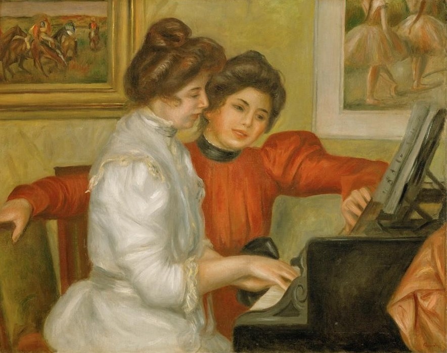 Pierre-Auguste Renoir, Yvonne et Christine Lerolle au piano (Frau,Geschwister,Hausmusik,Kind,Mädchen,Musik,Pianistin,Impressionismus,Instrument,Schwester,Bild Im Bild,Portrait,Klavier,Französische Kunst,Harmonie,Kleidung (Allgemein),Geschwisterliebe,Frauenleben,Klavierspiel,Kopf,Jahrhundertwende,Doppelportrait,Halb)