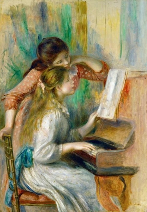 Pierre-Auguste Renoir, Jeunes filles au piano (Geschwister,Hausmusik,Jugend (Lebensalter),Kind,Mädchen,Musiker,Musik,Pianistin,Pianist,Impressionismus,Instrument,Schwester,Portrait,Klavier,Französische Kunst,Pubertät,Musikerin,Kleidung (Allgemein),Jugendliche,Doppelportrait)