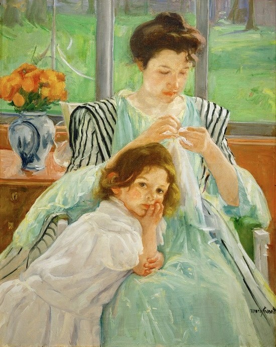 Mary Cassatt, Young mother sewing (Familie,Frau,Handarbeit,Hausarbeit,Kind,Mädchen,Mensch,Mutter Und Kind,Impressionismus,Stricken,Frauenkunst,Portrait,Mutter,Nähen,Amerikanische Kunst,Nähmaschine,Us-Amerikanische Kunst,Kleidung (Allgemein),Haushalt,Fin De Siecle,Frauenleben,Doppelportrait)