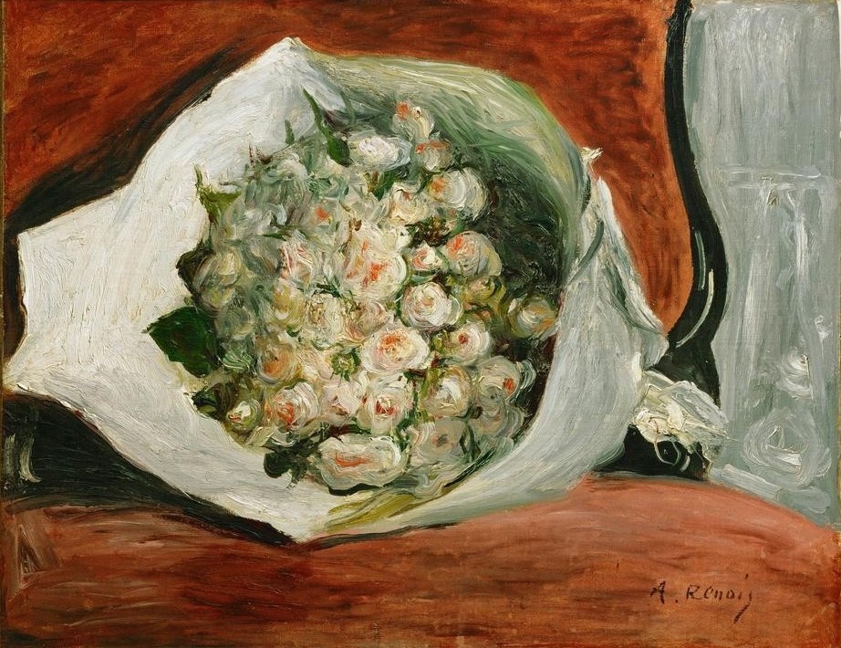 Pierre-Auguste Renoir, Bouquet dans une loge (Kunst,Rose,Theater,Impressionismus,Stillleben,Loge (Architektur),Blumenstrauss,Geschenk,Französische Kunst,Papier,Theaterloge,Blume,Blumentopf)