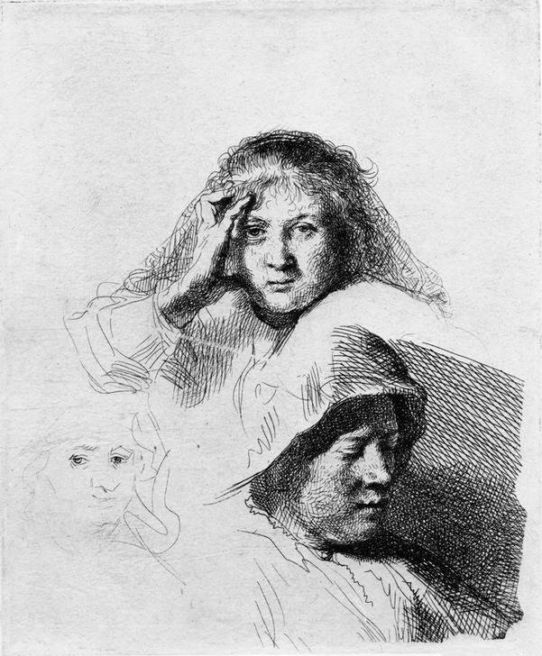 Rembrandt Harmenszoon van Rijn, Skizzenblatt mit dem Bildnis Saskias (Frau,Barock,Ehefrau Von Berühmten,Portrait,Künstlerfrau,Niederländische Kunst,Kopf Stützen,Person)