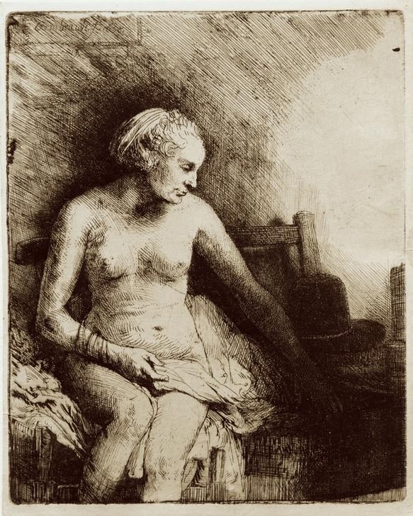 Rembrandt Harmenszoon van Rijn, Nackte Frau auf einer Bank sitzend, mit dem Hut neben sich (Frau,Barock,Akt,Niederländische Kunst,Holländische Kunst,Frauenleben,Sitzen)