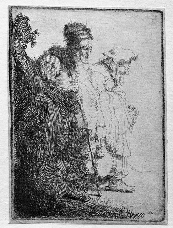 Rembrandt Harmenszoon van Rijn, Bettler und Bettlerin hinter einem Erdhügel (Armut,Gesellschaft,Soziales,Barock,Landstreicher,Niederländische Kunst,Bettler,Holländische Kunst,Paar,Aussenseiter,Bettlerin)