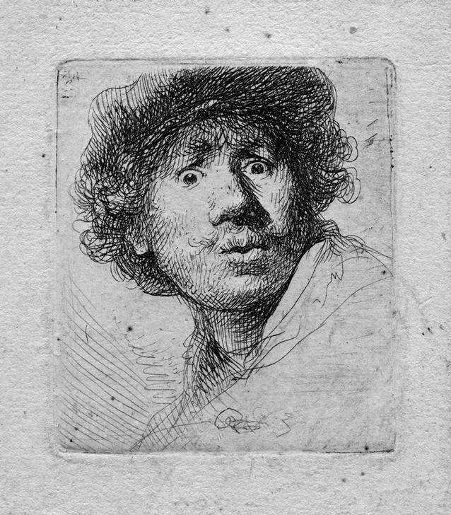 Rembrandt Harmenszoon van Rijn, Selbstbildnis mit offenem Mund und aufgerissenen Augen (Künstler,Maler (Künstler),Mann,Barock,Selbstbildnis,Angst,Portrait,Niederländische Kunst,Holländische Kunst,Mimik,Schreck,Person)