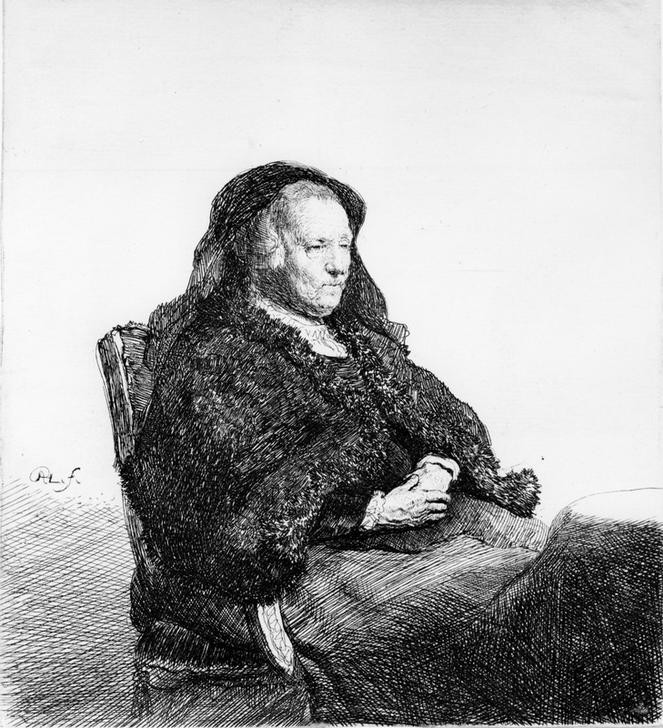 Rembrandt Harmenszoon van Rijn, Rembrandts Mutter mit schwarzem Schleier (Frau,Barock,Schleier,Portrait,Mutter Von Berühmten,Mutter,Niederländische Kunst,Holländische Kunst,Sitzen,Alte Frau,Halbfigur,Person)