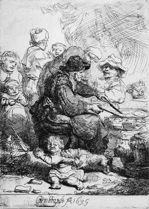 Rembrandt Harmenszoon van Rijn, Die Pfannkuchenbäckerin (Familie,Grossmutter,Herd,Küche,Volkskunde,Wohnung,Barock,Hund,Hausfrau,Backen,Kind Und Tier,Genre,Niederländische Kunst,Holländische Kunst,Haustier,Alltagskultur,Familienleben,Frauenleben,Pfannkuchen,Fettgebackenes,Gebissenwerden,Land Und Leute)