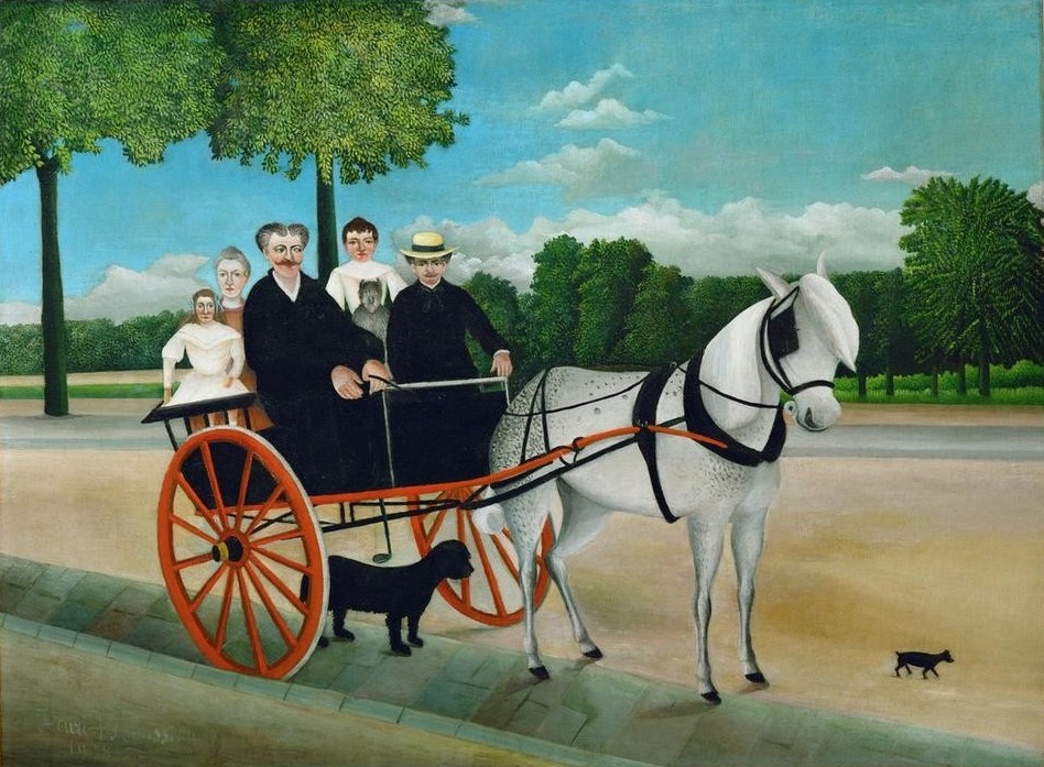 Henri Rousseau, La carriole du Père Juniet (Ausflug,Familie,Kutsche,Landschaft,Pferd (Tier),Pferdewagen,Freizeit,Strasse (Allgemein),Transport,Urlaub,Verkehr,Hund,Naive Malerei,Französische Kunst,Spazierfahrt,Tier,Jahrhundertwende,Scheuklappen,Schimmel (Pferd))