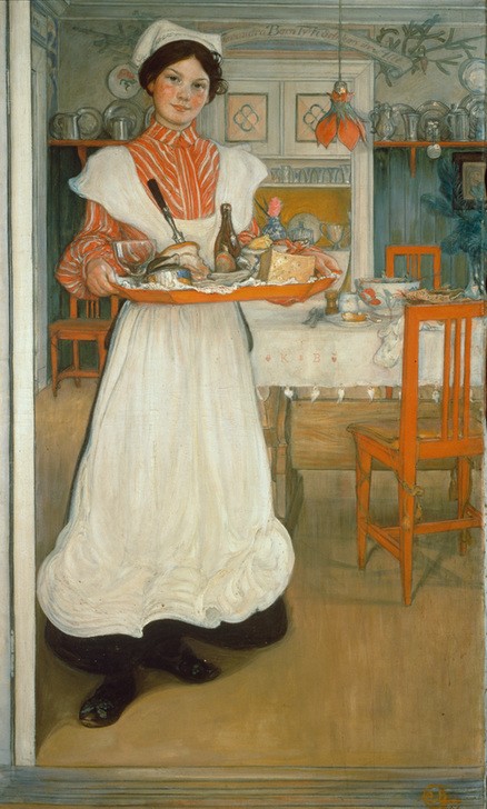 Carl Larsson, Martina (Dienstboten,Frau Und Beruf,Frau,Gesellschaft,Jugendstil,Tafelsitten,Haube,Schürze,Schwedische Kunst,Tablett,Dienstmädchen,Gedeckter Tisch,Jahrhundertwende,Junge Frau,Rote Backen,Ganzfigurig,Servierplatte,Arbeitskleidung)