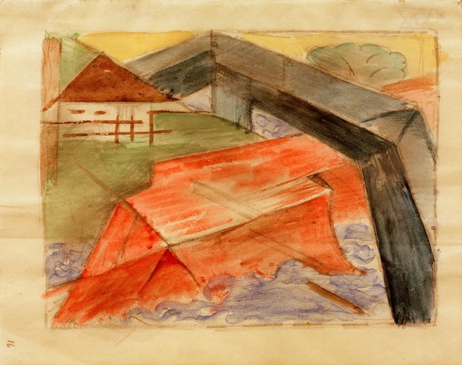 Franz Marc, Haus und Brücke (Brücke,Deutsche Kunst,Haus,Landschaft,Fluss,Expressionismus,Der Blaue Reiter)