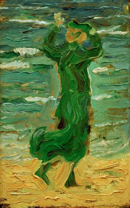 Franz Marc, Frau im Wind am Meer (Deutsche Kunst,Frau,Meteorologie,Freizeit,Seebad,Spaziergang,Strand,Reise,Wind)