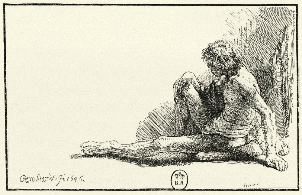 Rembrandt Harmenszoon van Rijn, Männlicher Akt, am Boden sitzend (Mann,Barock,Akt,Niederländische Kunst,Holländische Kunst,Sitzen,Junger Mann)