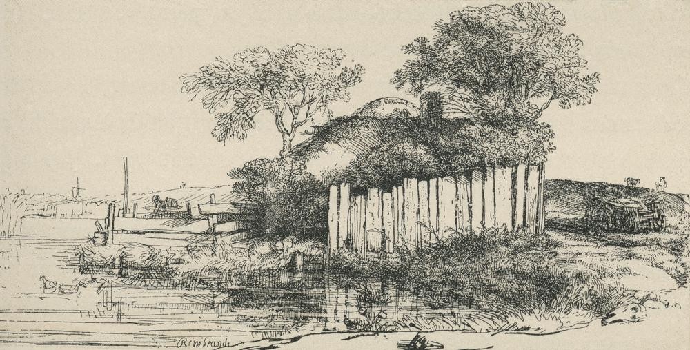 Rembrandt Harmenszoon van Rijn, Die Hütte hinter dem Plankenzaun (Landschaft,Hütte,Barock,Zaun,Niederländische Kunst,Holländische Kunst)