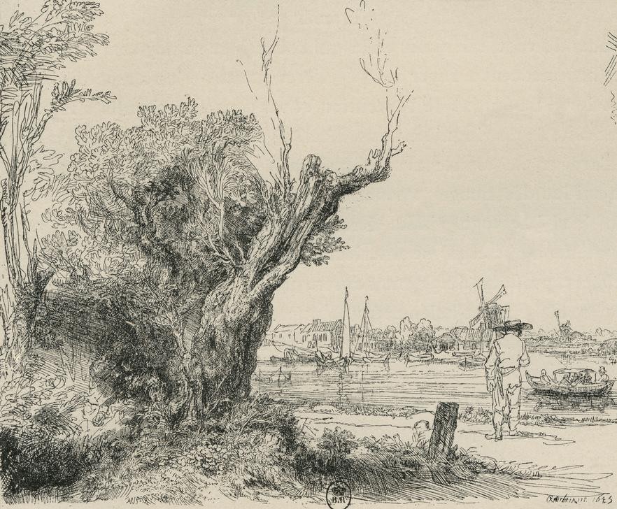 Rembrandt Harmenszoon van Rijn, Der Omval (Landschaft,Barock,Fluss,Niederländische Kunst,Holländische Kunst,Ufer,Weide (Baum))