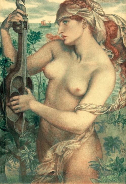 Dante Gabriel Rossetti, Ligeia Siren (Frau,Musik,Mythologie,Saiteninstrument,Instrument,Akt,Busen,Präraffaeliten,Englische Kunst,Sirene (Fabelwesen),Griechisch-Römische Mythologie)