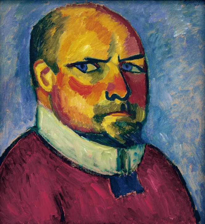 Alexej von Jawlensky, Selbstbildnis (Herrenmode,Künstler,Kunst,Maler (Künstler),Mann,Mode,Bart,Selbstbildnis,Portrait,Expressionismus,Der Blaue Reiter,Russische Kunst,Kleidung (Allgemein),Halbglatze,Kragen,Blick Aus Dem Bild,Brustbild,Halbprofil,Person,Farbigkeit,Signatur,Stehkragen,Farbe)