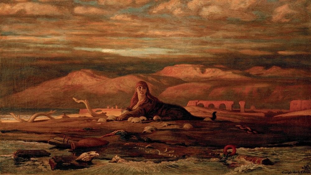 Elihu Vedder, The Sphinx at the Seashore  (Landschaft, Berge, Strand, Sphinx, Surreal, Symbolismus, Klassische Moderne, Wunschgröße, Wohnzimmer)