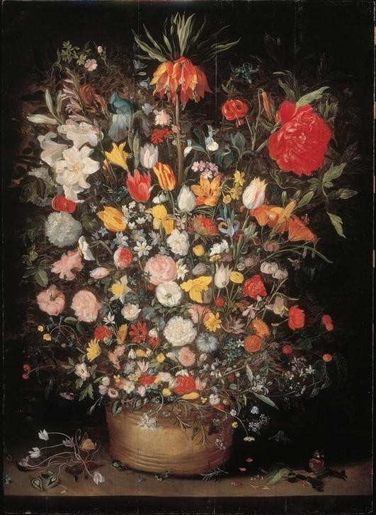 Jan Brueghel der Ältere, Blumenstrauß (Stillleben, Blumenstrauß, Vase, üppig, prächtig, Vanitas, Vergänglichkeit, Tulpen, Lilien, Nelken, Rosen, Barock, Wunschgröße, Klassiker, Blumenbrueghel, Samtbrueghel, Wohnzimmer, Esszimmer, Wunschgröße)