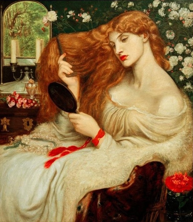Dante Gabriel Rossetti, Lady Lilith (Körperpflege,Frau,Haarpflege,Schönheit,Symbolismus,Präraffaeliten,Englische Kunst,Eitelkeit,Lippen,Handspiegel,Rote Haare,Viktorianische Kunst,Langes Haar,Schulterfrei,Haarekämmen)
