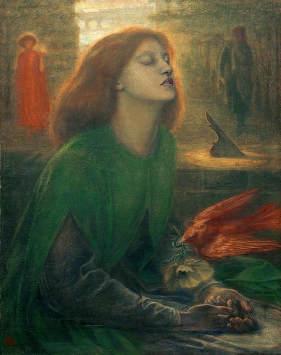 Dante Gabriel Rossetti, Beata Beatrix (Frau,Dichter,Kunst,Literatur,Sonnenuhr,Taube,Tod,Symbolismus,Portrait,Präraffaeliten,Englische Kunst,Trance,Geschlossene Augen,Symbolbild,Person)
