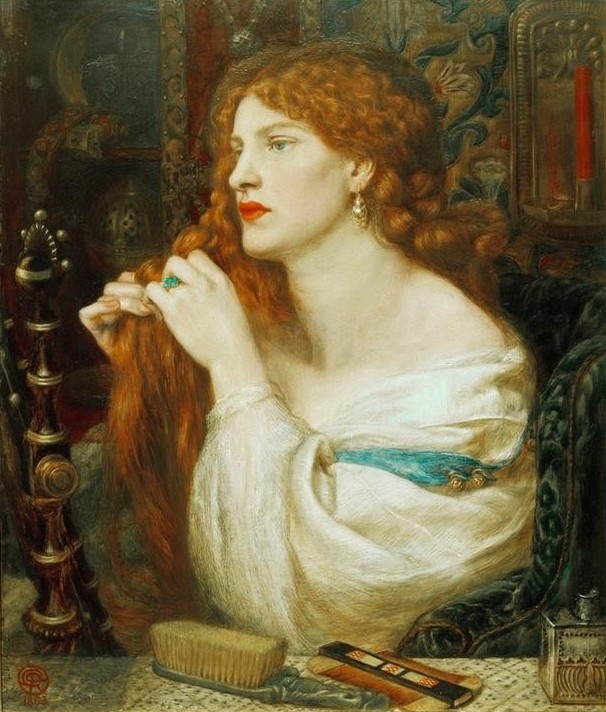 Dante Gabriel Rossetti, Fazio’s Mistress (Aurelia) (Körperpflege,Bad,Frau,Haarpflege,Schönheit,Ohrring,Portrait,Präraffaeliten,Englische Kunst,Lippen,Rote Haare,Viktorianische Kunst,Langes Haar,Halbfigur,Haare (Geflochten),Haareflechten,Haarbürste)
