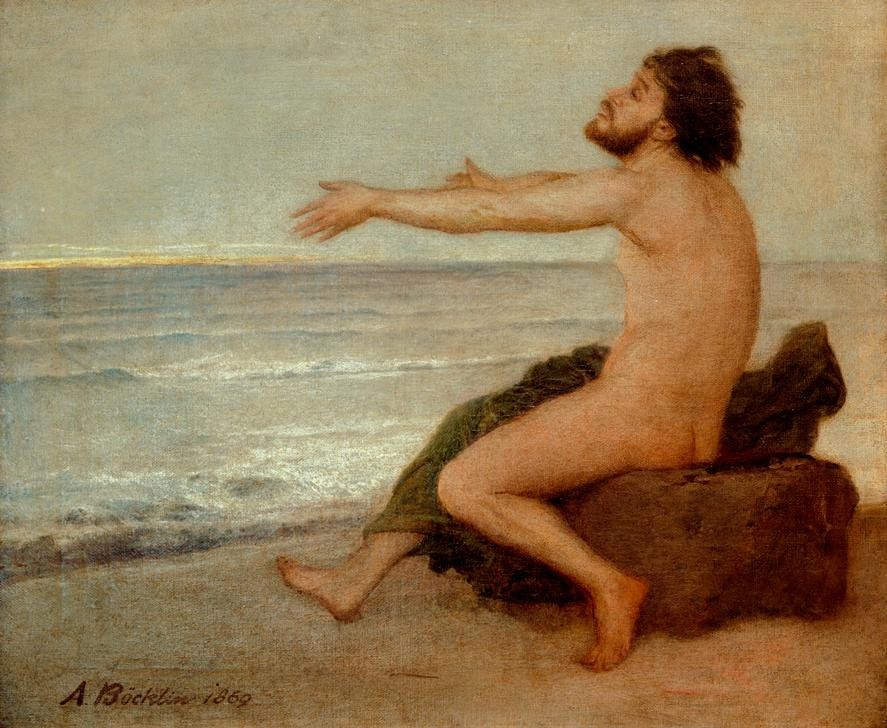 Arnold Böcklin, Odysseus am Strande des Meeres (Meer, Horizont, Strand, nackter Mann, Akt, Mythologie, Sehnsucht  Heimweh, Schiffbrüchiger, Held, Symbolismus, Wunschgröße, Klassiker, Wohnzimmer, bunt)