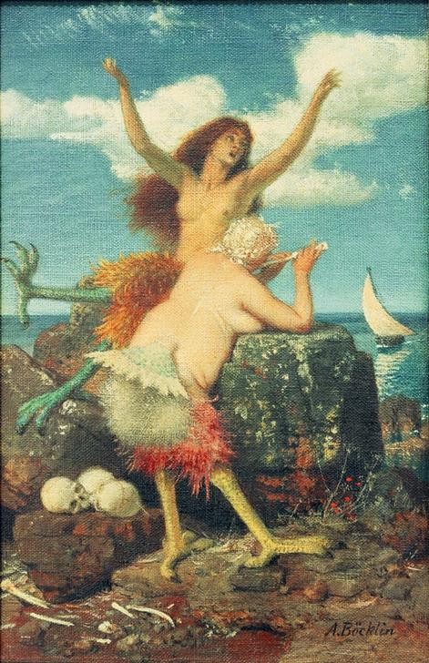 Arnold Böcklin, Die Sirenen (Gesang, Mythologie, Femme Fatale, Fabelwesen, Verführung, Vogelmenschen, Federn, Symbolismus, Wunschgröße, Klassiker, Wohnzimmer, bunt)