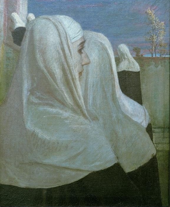 Arnold Böcklin, Nonnen beim Kirchgang (Nonnen, Ornat, Haube, Kopfbedeckung, Katholische Kirche, Kloster, Religion, Ordenstracht, Symbolismus, Wunschgröße, Klassiker, Wohnzimmer, bunt)