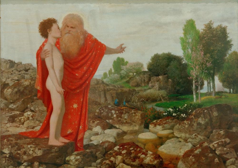 Arnold Böcklin, Gottvater zeigt Adam das Paradies (Paradie, Garten Eden, Landschaft, Religion, Christentum, Altes Testament, Bibel, Schöpfungsgeschichte, Adam, Gottvater, Symbolismus, Wunschgröße, Klassiker, Wohnzimmer, bunt)