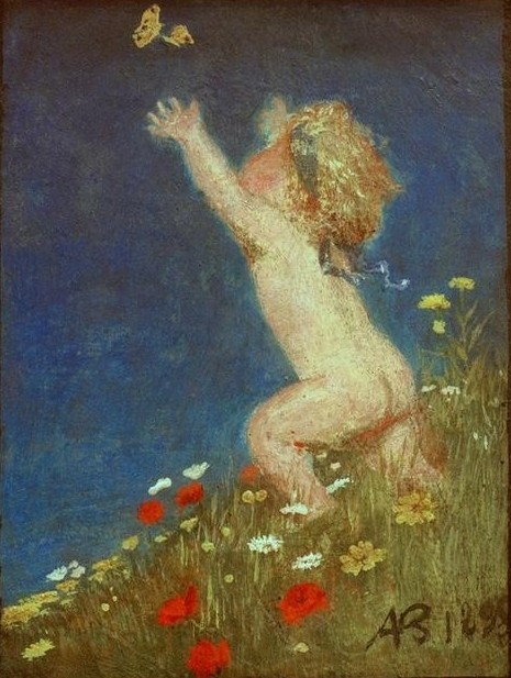 Arnold Böcklin, Nacktes Kind mit blonden Haaren (Wiese, Blumenwiese, Kleinkind, nackt, Frühling, Jahreszeiten, Schmetterlinge, Kinderleben, Impressionismus, Wunschgröße, Klassiker, Wohnzimmer, bunt)