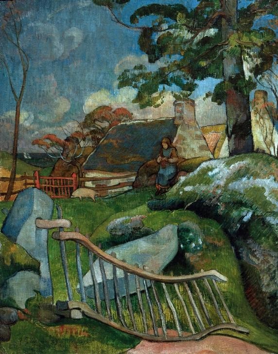 Paul Gauguin, Das Gatter (Die Schweinehirtin) (Bauernhaus,Bauernhof,Dorf,Landschaft,Schwein,Weide,Impressionismus,Zaun,Französische Kunst,Haustier,Landleben,Hirtin,Gatter,Schweinehirtin,Landwirtschaft)