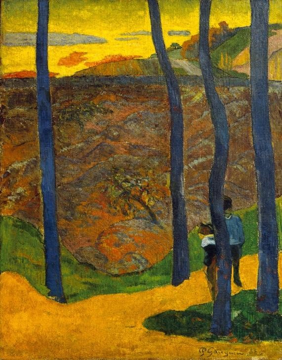 Paul Gauguin, Les arbres bleus (Landschaft,Impressionismus,Baum,Französische Kunst,Blau,Baumstamm)