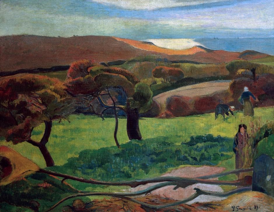 Paul Gauguin, Landschaft in der Bretagne (Landschaft,Impressionismus,Bäuerin,Französische Kunst,Landleben,Feldarbeit)
