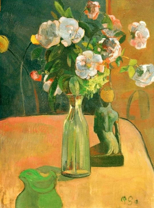 Paul Gauguin, Rosen und Statuette (Kunst,Rose,Impressionismus,Stillleben,Blumenstrauss,Vase,Französische Kunst,Blume,Statuette)
