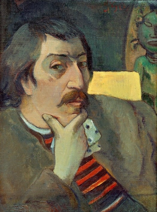 Paul Gauguin, Autoportrait à l’idole (Maler (Künstler),Mann,Völkerkunde,Impressionismus,Bart,Selbstbildnis,Schnurrbart,Portrait,Gestik,Französische Kunst,Statuette,Gottheit,Halbprofil,Person,Land Und Leute)