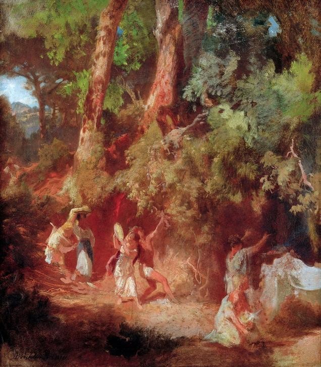 Arnold Böcklin, Bacchantenfest (Wald, Bäume, Feier, Fest, Mythologie, Bacchanten, Thiasos, Bacchanal, Symbolismus, Wunschgröße, Klassiker, Wohnzimmer, bunt)