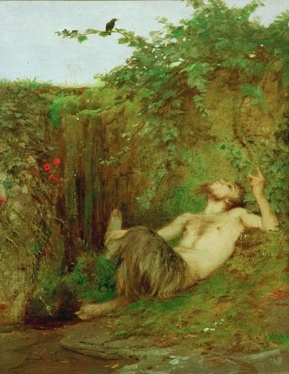 Arnold Böcklin, Faun, einer Amsel zupfeifend (Faun, Fabelwesen, Mythologie, Amsel, Vogel, Pfeifen, Duett, Bocksbeine,Entspannung, Nichtstun, Symbolismus, Wunschgröße, Klassiker, Wohnzimmer, bunt)