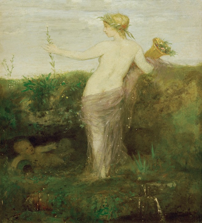 Arnold Böcklin, Wassernymphe mit Füllhorn (Frau, Rückenakt, Wasser, Elemente,  Mythologie,  Nymphe, Fabelwesen, Quelle, Kinder, Füllhorn, Quellnymphe, Elementargeister, Symbolismus, Wunschgröße, Klassiker, Wohnzimmer, bunt1)